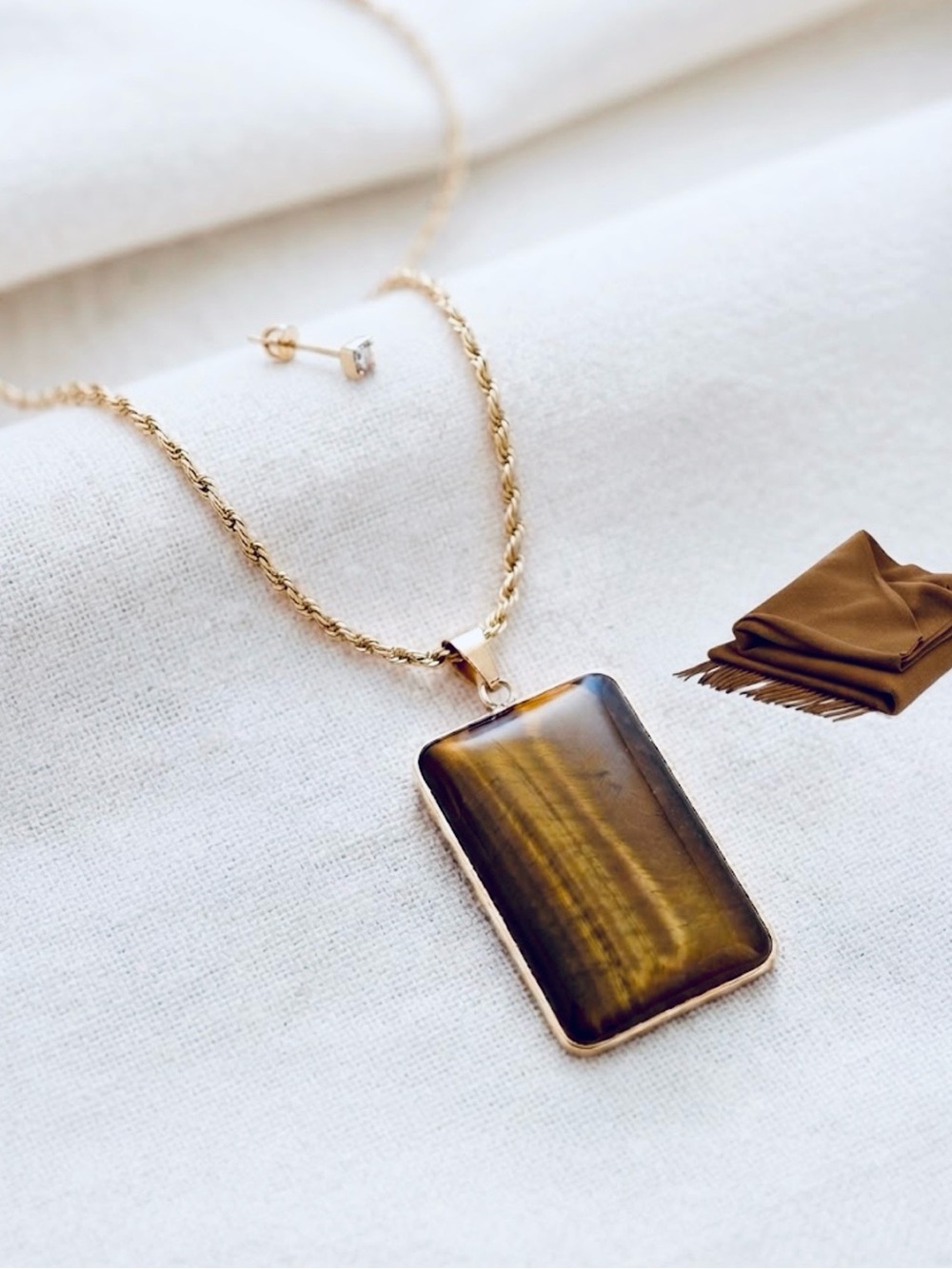 Tiger Eye Rectangular Pendant Necklace